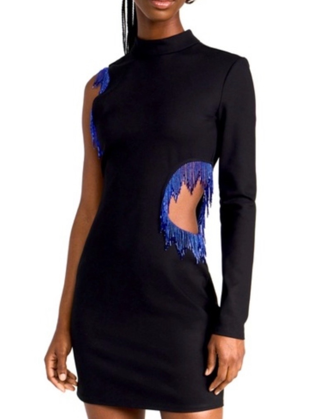 Staid Kirsten Dress Black One-Sleeve Mini Dress with Blue Fringe Cutouts size M